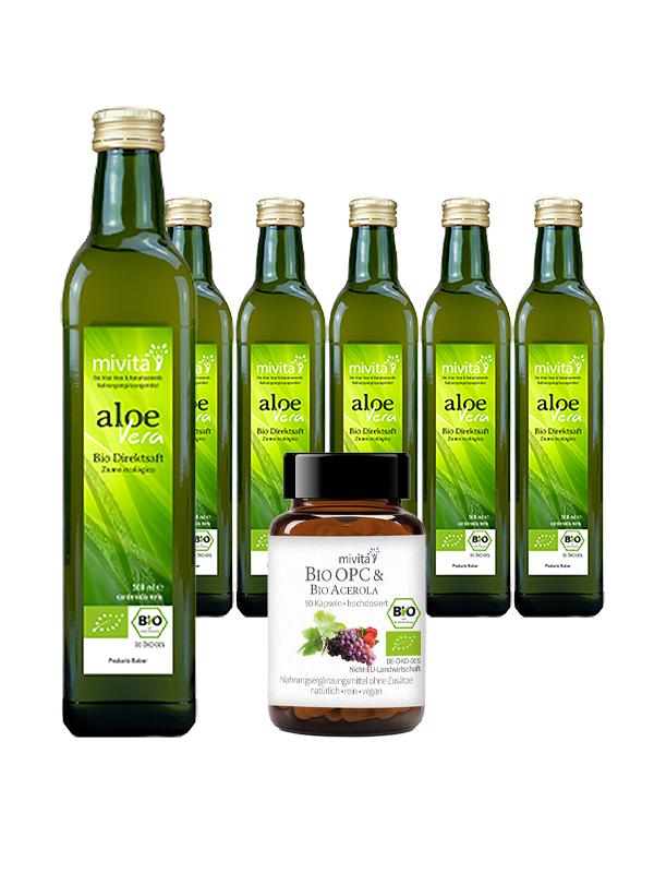 6 x Bio Aloe Vera Direktsaft + 1 Bio OPC & Bio Acerola